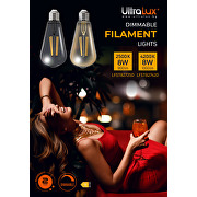 LED COB filament žarulja, s mogućnošću prigušivanja, 4W, E27, 2500K, 220-240V AC, jantarna, ST64