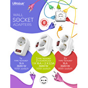 Wall adapter with 1 Schuko and 2 EU sockets, with switch, white